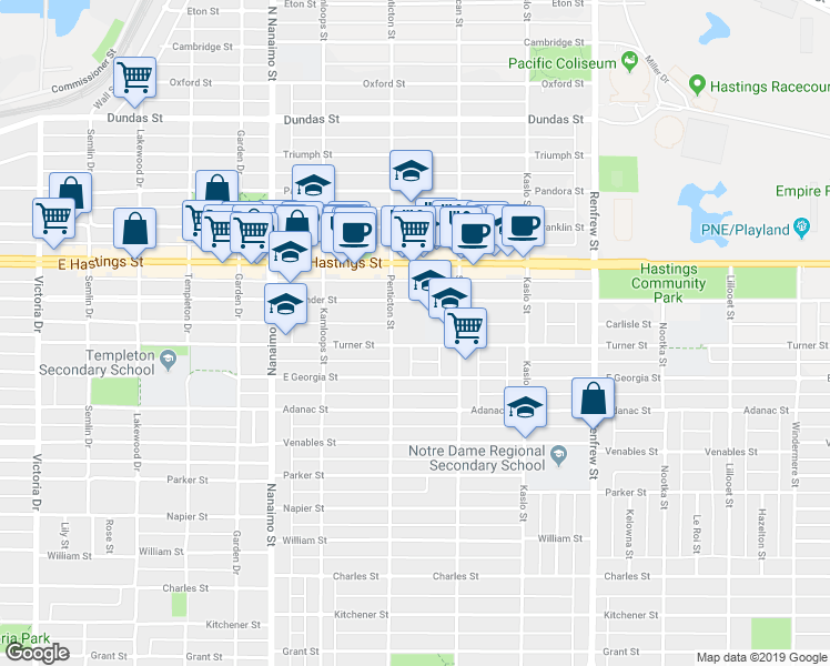 map of restaurants, bars, coffee shops, grocery stores, and more near 2629 Turner Street in Vancouver