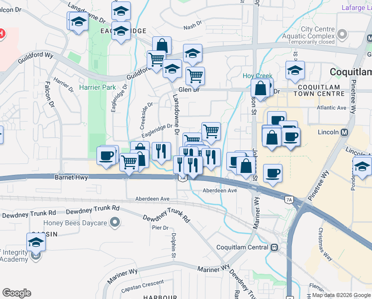 map of restaurants, bars, coffee shops, grocery stores, and more near 1135 Lansdowne Drive in Coquitlam