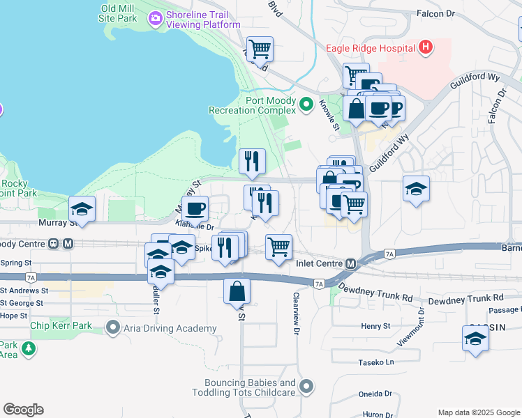 map of restaurants, bars, coffee shops, grocery stores, and more near in Port Moody