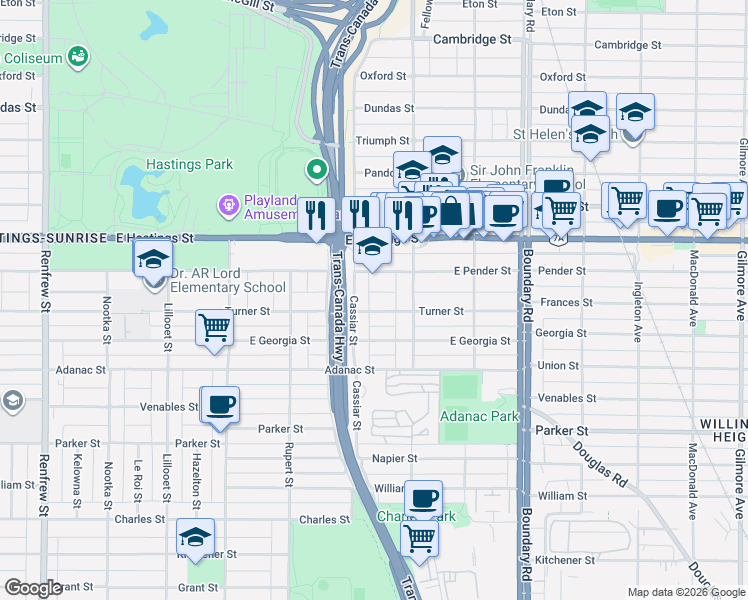 map of restaurants, bars, coffee shops, grocery stores, and more near in Vancouver