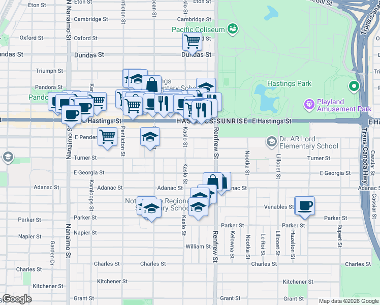 map of restaurants, bars, coffee shops, grocery stores, and more near 550 Kaslo Street in Vancouver