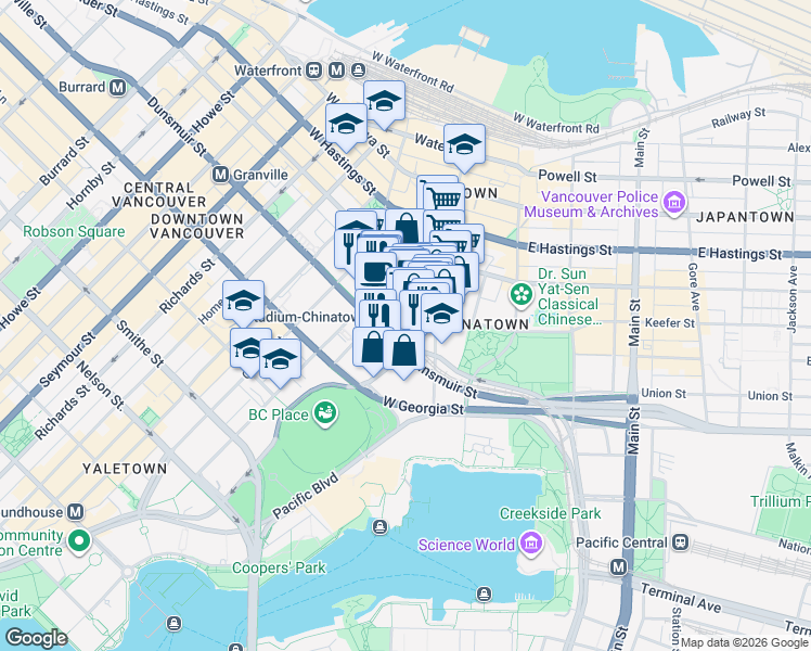 map of restaurants, bars, coffee shops, grocery stores, and more near in Vancouver