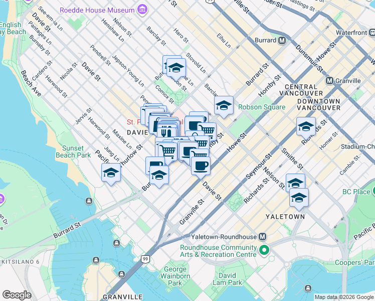 map of restaurants, bars, coffee shops, grocery stores, and more near 1081 Burrard Street in Vancouver