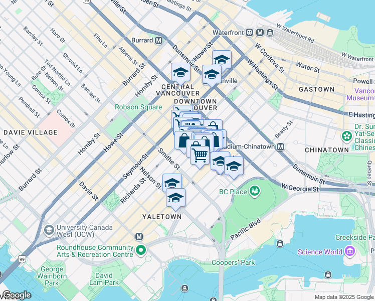 map of restaurants, bars, coffee shops, grocery stores, and more near 408-360 Robson Street in Vancouver