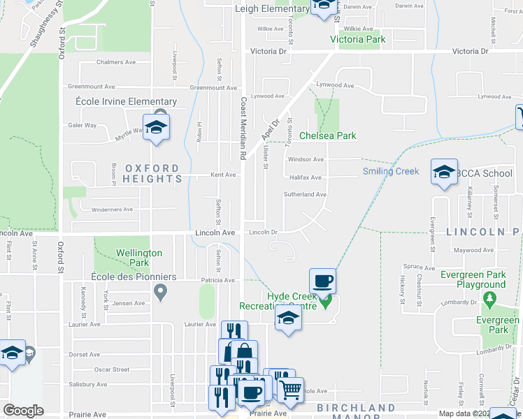 map of restaurants, bars, coffee shops, grocery stores, and more near 3747 Ulster Street in Port Coquitlam