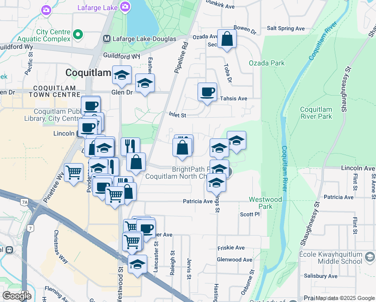 map of restaurants, bars, coffee shops, grocery stores, and more near 1128 Kensal Place in Coquitlam