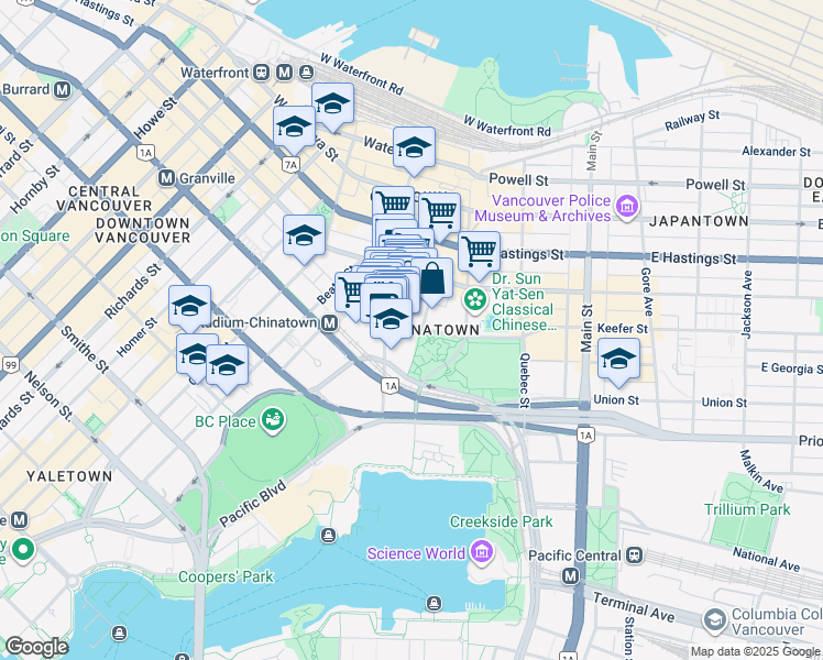 map of restaurants, bars, coffee shops, grocery stores, and more near 58 Keefer Place in Vancouver