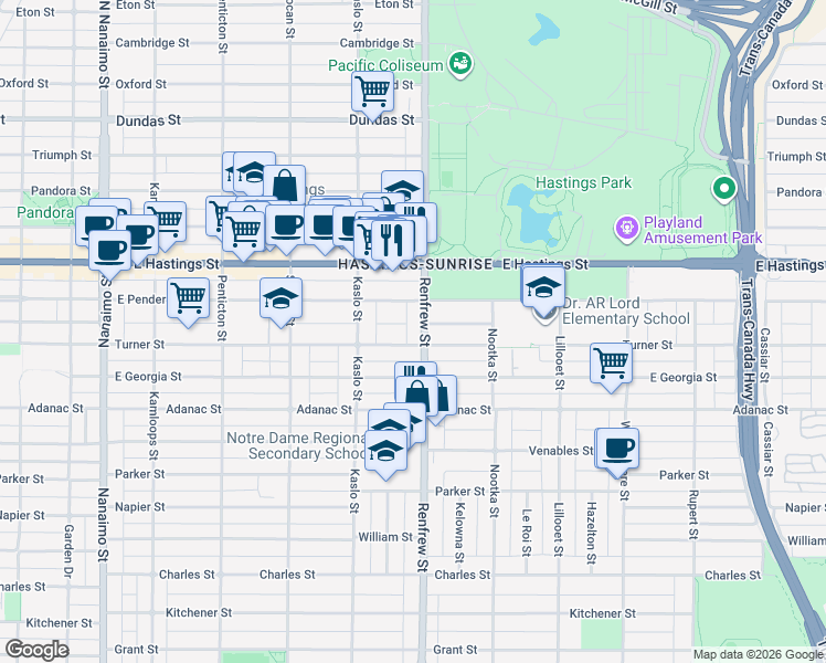 map of restaurants, bars, coffee shops, grocery stores, and more near 549 Renfrew Street in Vancouver