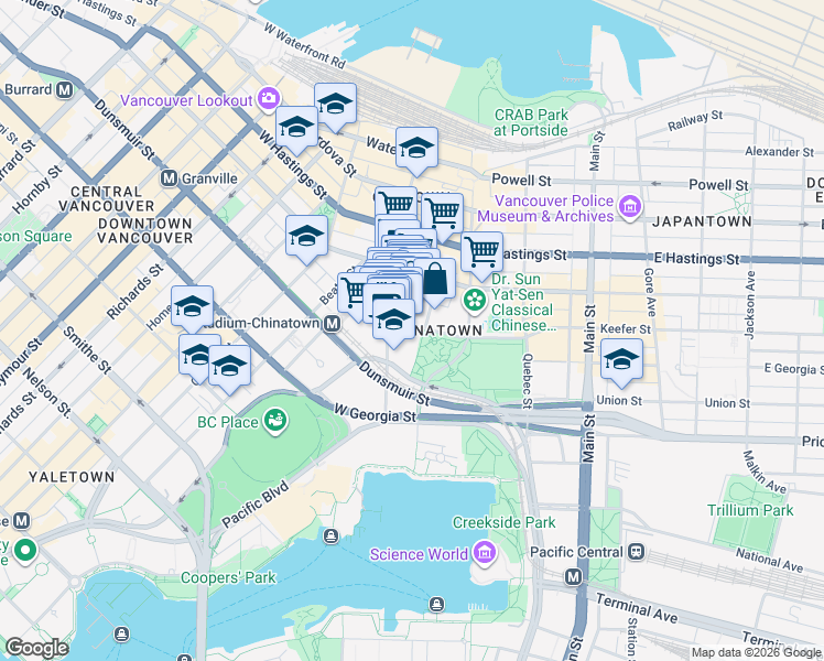 map of restaurants, bars, coffee shops, grocery stores, and more near 58 Keefer Place in Vancouver