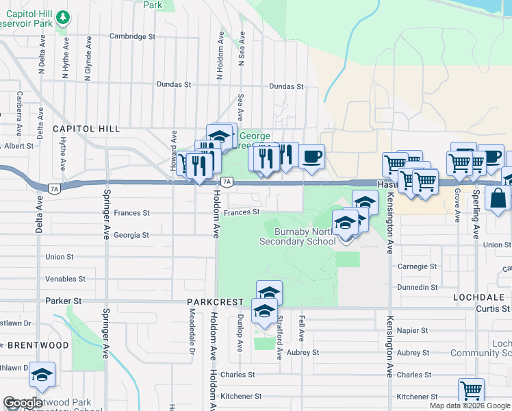 map of restaurants, bars, coffee shops, grocery stores, and more near 5912 Hastings Street in Burnaby