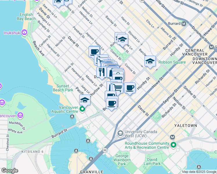 map of restaurants, bars, coffee shops, grocery stores, and more near 1045 Burnaby Street in Vancouver