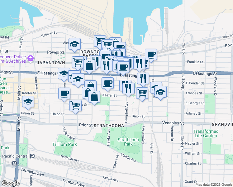 map of restaurants, bars, coffee shops, grocery stores, and more near 837 Keefer Street in Vancouver
