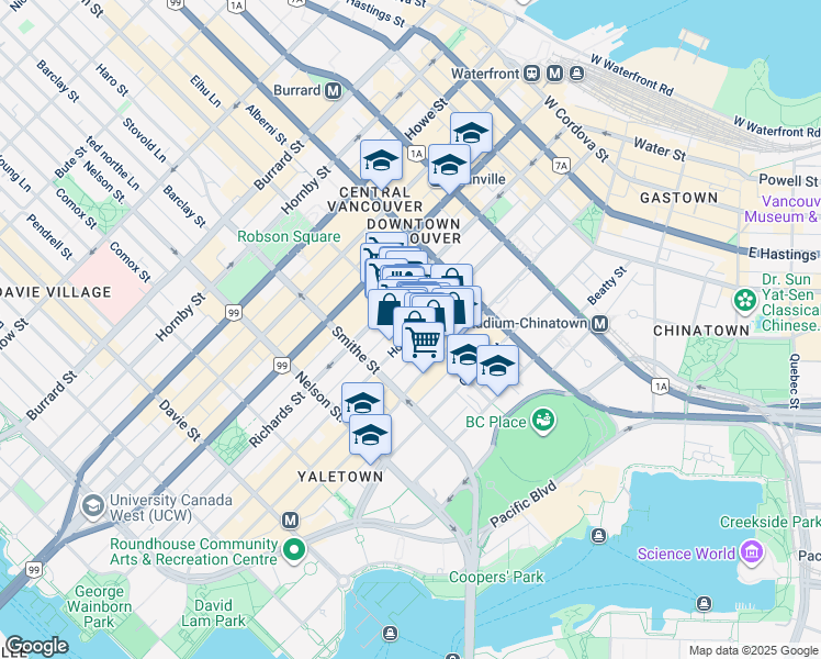 map of restaurants, bars, coffee shops, grocery stores, and more near 408-360 Robson Street in Vancouver
