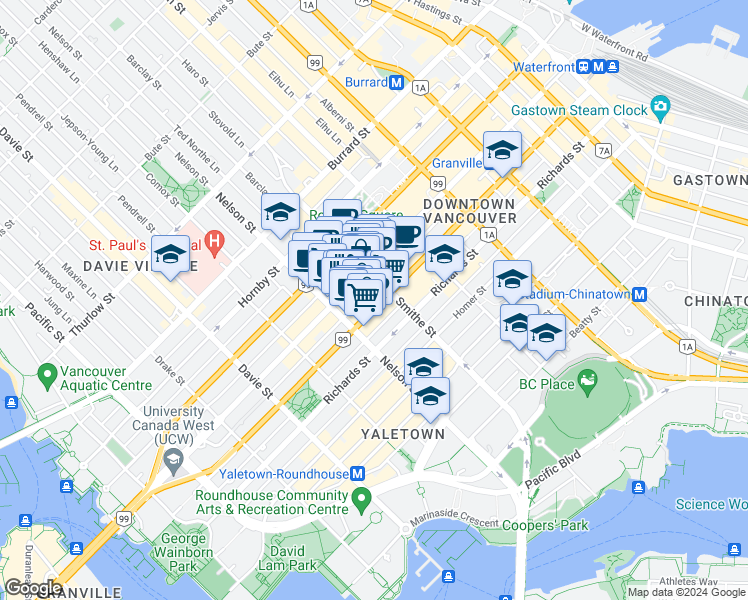 map of restaurants, bars, coffee shops, grocery stores, and more near 913 Seymour Street in Vancouver