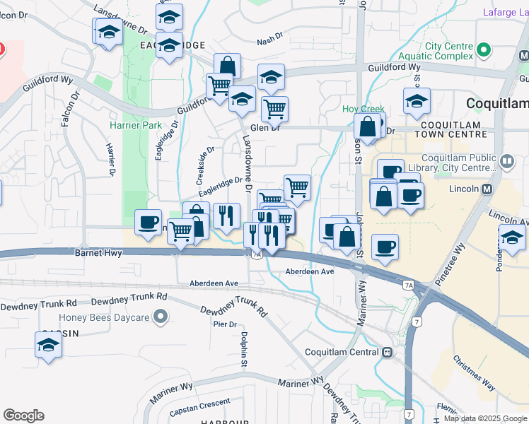 map of restaurants, bars, coffee shops, grocery stores, and more near 1135 Lansdowne Drive in Coquitlam