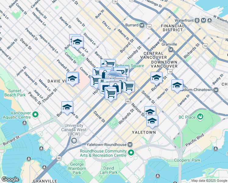 map of restaurants, bars, coffee shops, grocery stores, and more near 1060 Howe Street in Vancouver