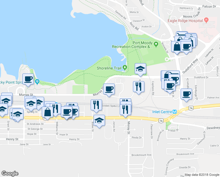 map of restaurants, bars, coffee shops, grocery stores, and more near 32 Klahanie Drive in Port Moody