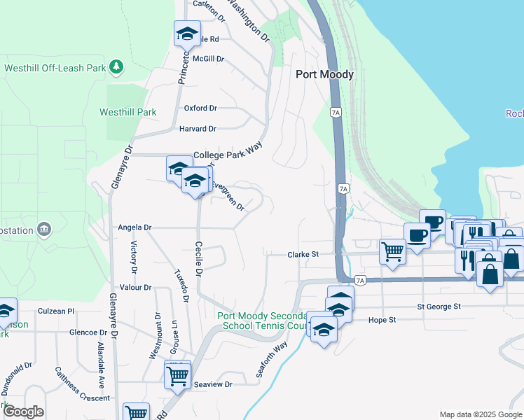 map of restaurants, bars, coffee shops, grocery stores, and more near 335 Evergreen Drive in Port Moody