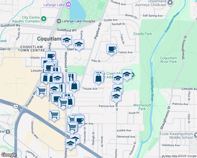 map of restaurants, bars, coffee shops, grocery stores, and more near 3102 Windsor Gate in Coquitlam