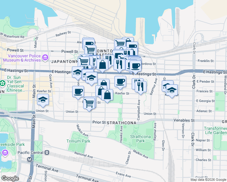 map of restaurants, bars, coffee shops, grocery stores, and more near 751 Keefer Street in Vancouver