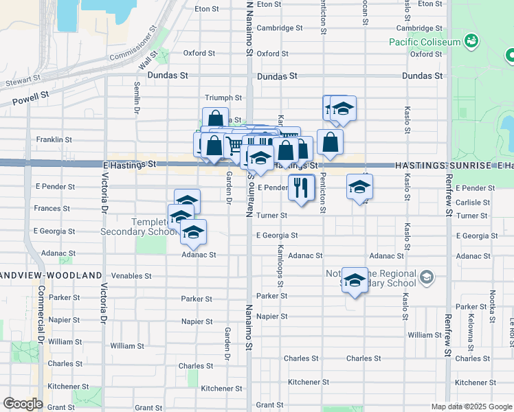 map of restaurants, bars, coffee shops, grocery stores, and more near 568 Nanaimo Street in Vancouver