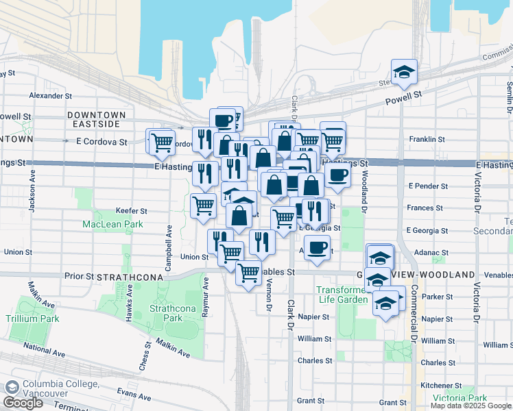 map of restaurants, bars, coffee shops, grocery stores, and more near 555 Vernon Drive in Vancouver