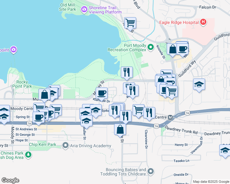 map of restaurants, bars, coffee shops, grocery stores, and more near 104 Klahanie Drive in Port Moody