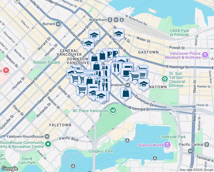 map of restaurants, bars, coffee shops, grocery stores, and more near  in Vancouver