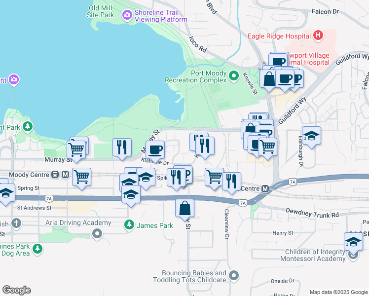 map of restaurants, bars, coffee shops, grocery stores, and more near in Port Moody