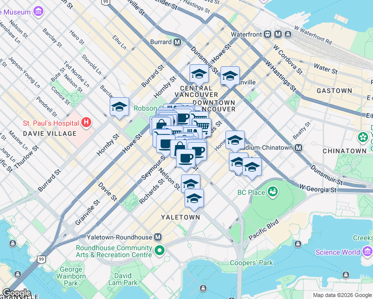 map of restaurants, bars, coffee shops, grocery stores, and more near 910 Richards Street in Vancouver