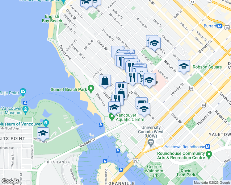 map of restaurants, bars, coffee shops, grocery stores, and more near 1146 Harwood Street in Vancouver