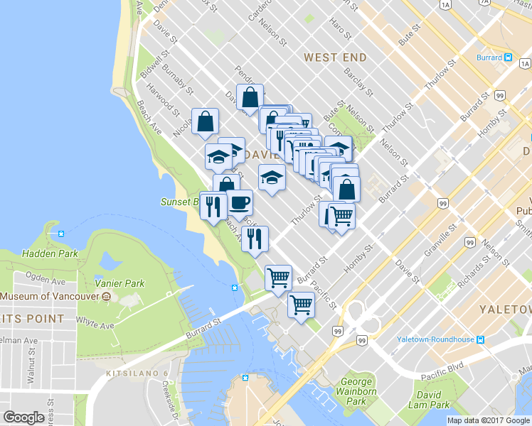 map of restaurants, bars, coffee shops, grocery stores, and more near in Vancouver