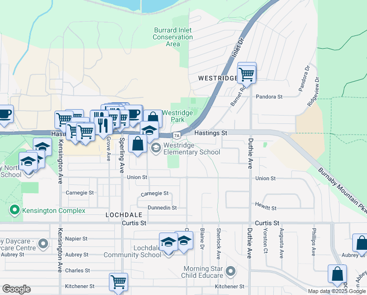 map of restaurants, bars, coffee shops, grocery stores, and more near 535 Cliff Avenue in Burnaby