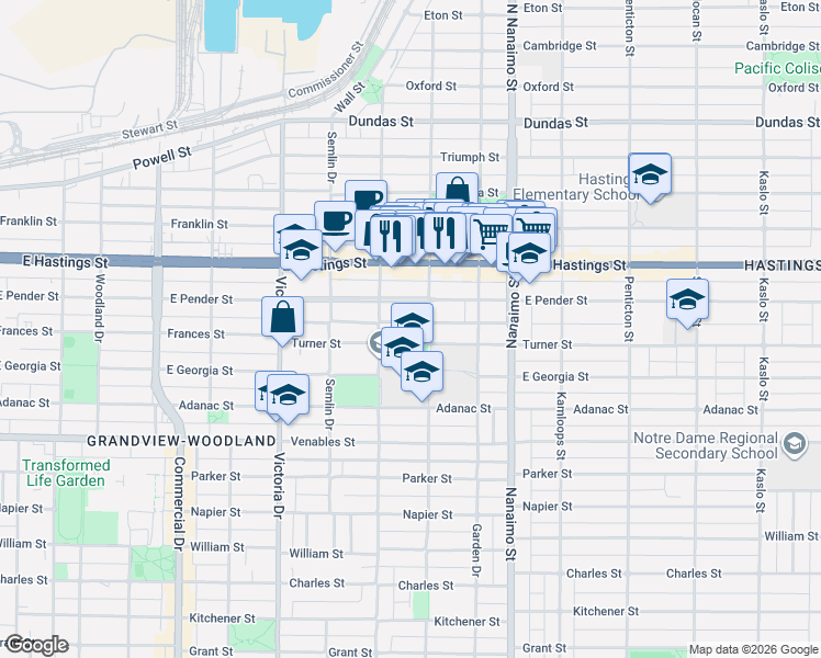 map of restaurants, bars, coffee shops, grocery stores, and more near 2150 Ferndale Street in Vancouver