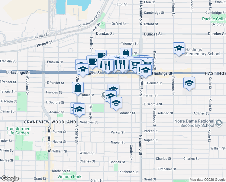 map of restaurants, bars, coffee shops, grocery stores, and more near 2150 Ferndale Street in Vancouver