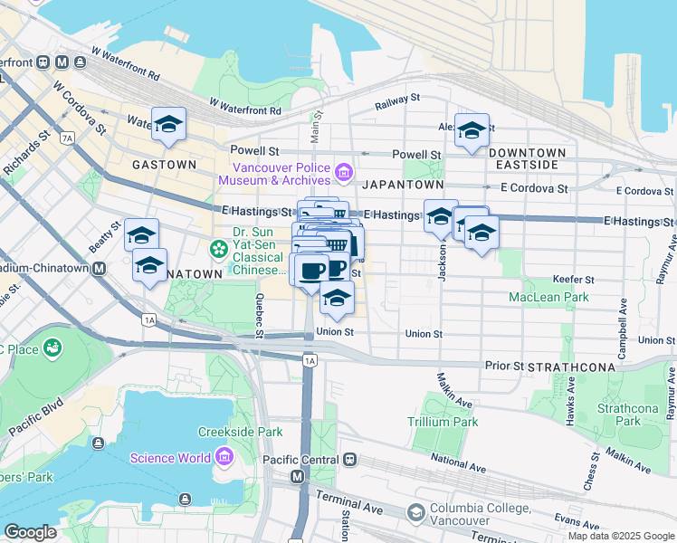 map of restaurants, bars, coffee shops, grocery stores, and more near 268 Keefer Street in Vancouver