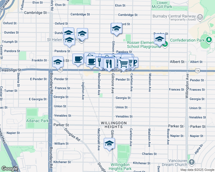 map of restaurants, bars, coffee shops, grocery stores, and more near 4045 Frances Street in Burnaby