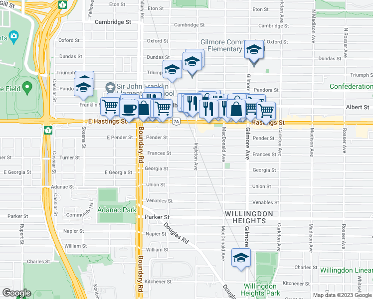 map of restaurants, bars, coffee shops, grocery stores, and more near 3853 Frances Street in Burnaby