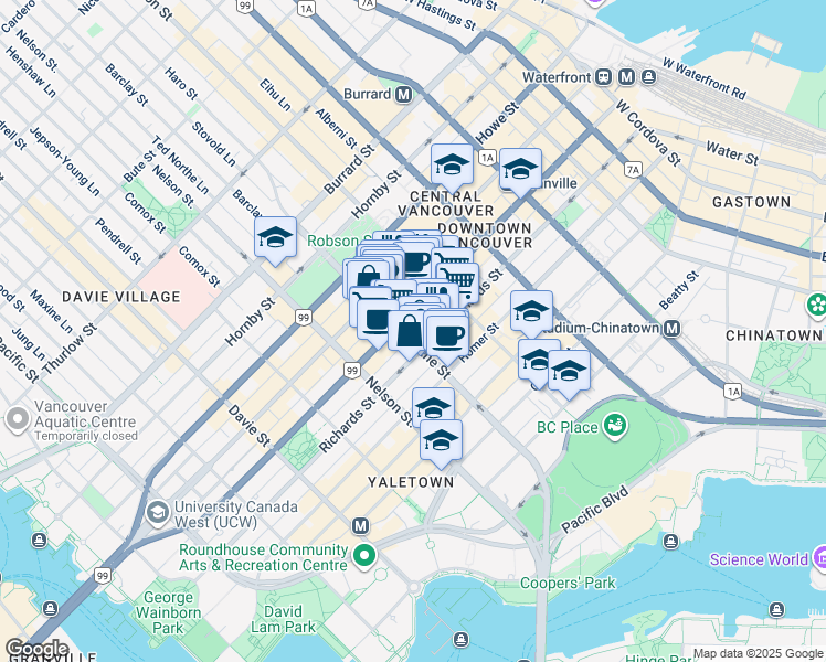 map of restaurants, bars, coffee shops, grocery stores, and more near 565 Smithe Street in Vancouver