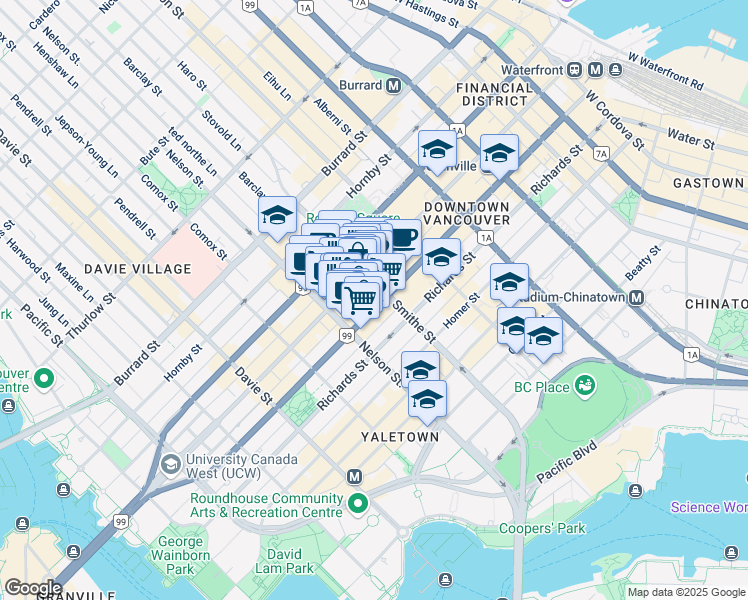 map of restaurants, bars, coffee shops, grocery stores, and more near 907 Seymour Street in Vancouver