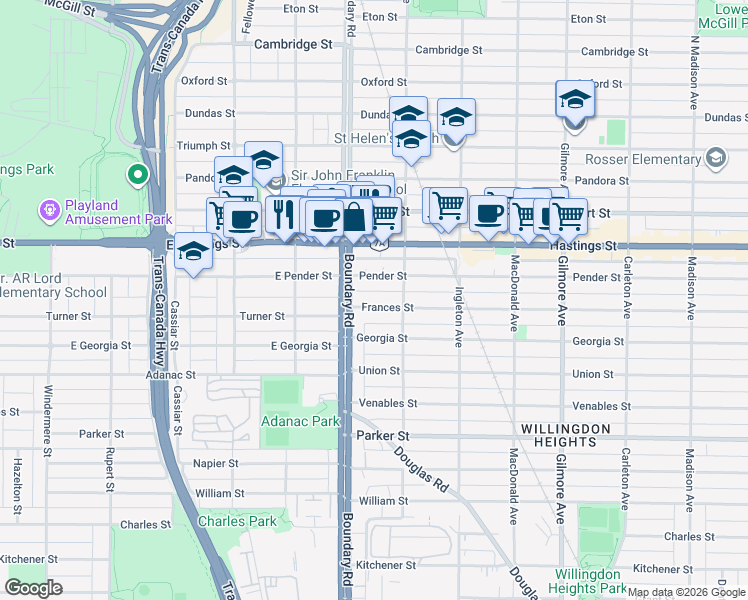 map of restaurants, bars, coffee shops, grocery stores, and more near 3747 Frances Street in Burnaby