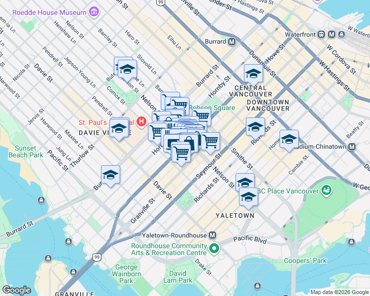 map of restaurants, bars, coffee shops, grocery stores, and more near 1030 Howe Street in Vancouver