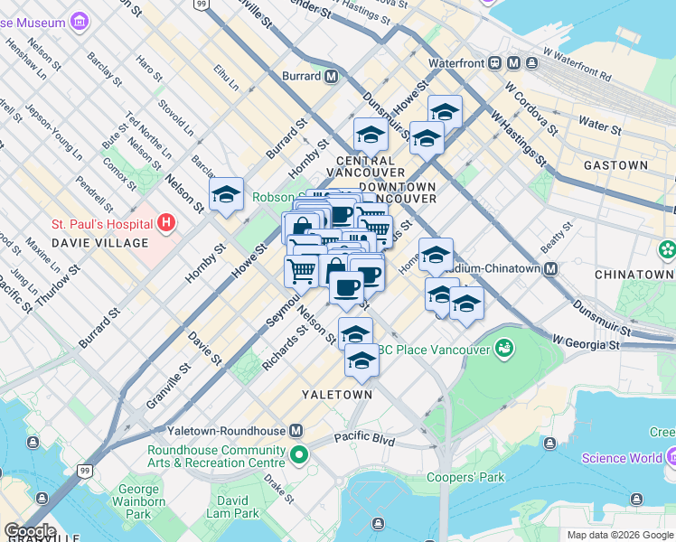 map of restaurants, bars, coffee shops, grocery stores, and more near 565 Smithe Street in Vancouver