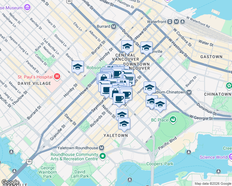 map of restaurants, bars, coffee shops, grocery stores, and more near 565 Smithe Street in Vancouver
