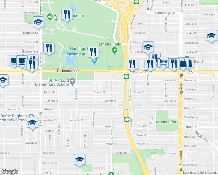 map of restaurants, bars, coffee shops, grocery stores, and more near 543 Rupert Street in Vancouver