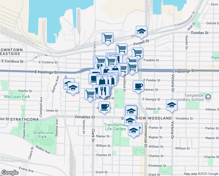 map of restaurants, bars, coffee shops, grocery stores, and more near 1485 Frances Street in Vancouver