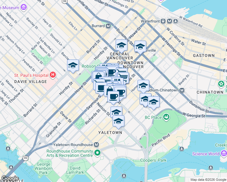 map of restaurants, bars, coffee shops, grocery stores, and more near 535 Smithe Street in Vancouver