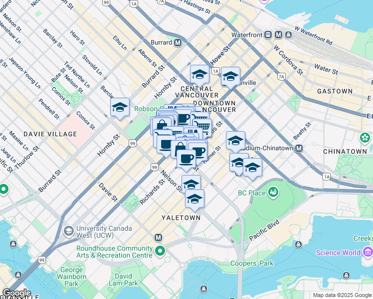 map of restaurants, bars, coffee shops, grocery stores, and more near 535 Smithe Street in Vancouver