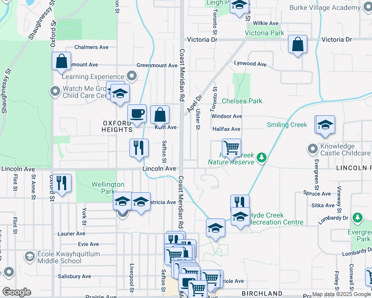 map of restaurants, bars, coffee shops, grocery stores, and more near 3736 Coast Meridian Road in Port Coquitlam