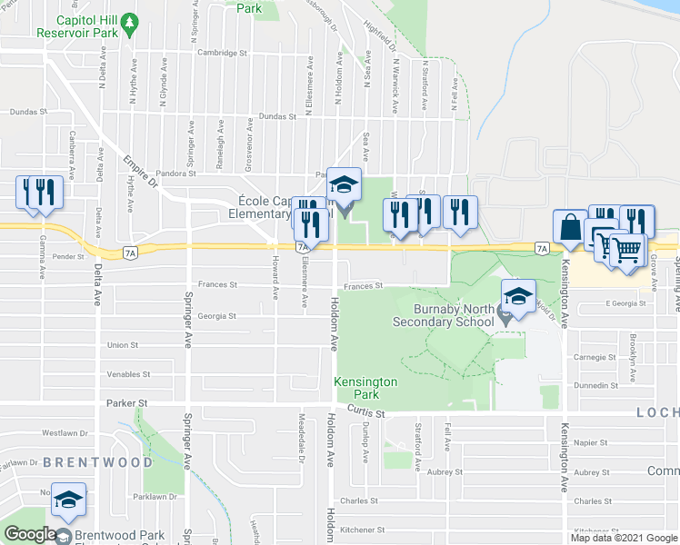 map of restaurants, bars, coffee shops, grocery stores, and more near 530 Holdom Avenue in Burnaby
